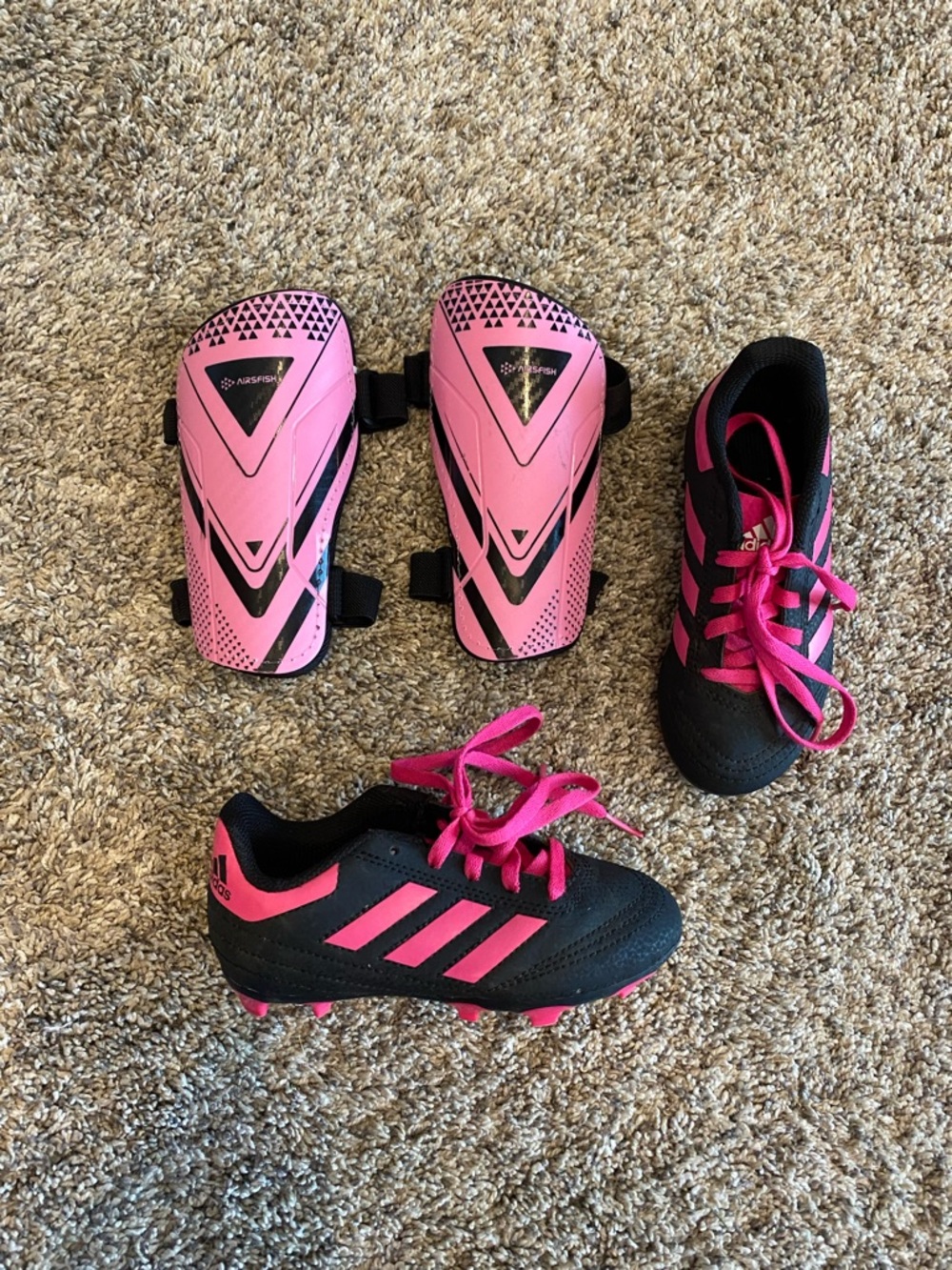 adidas Black and Pink Youth Soccer Cleats with Pink Shin Guards